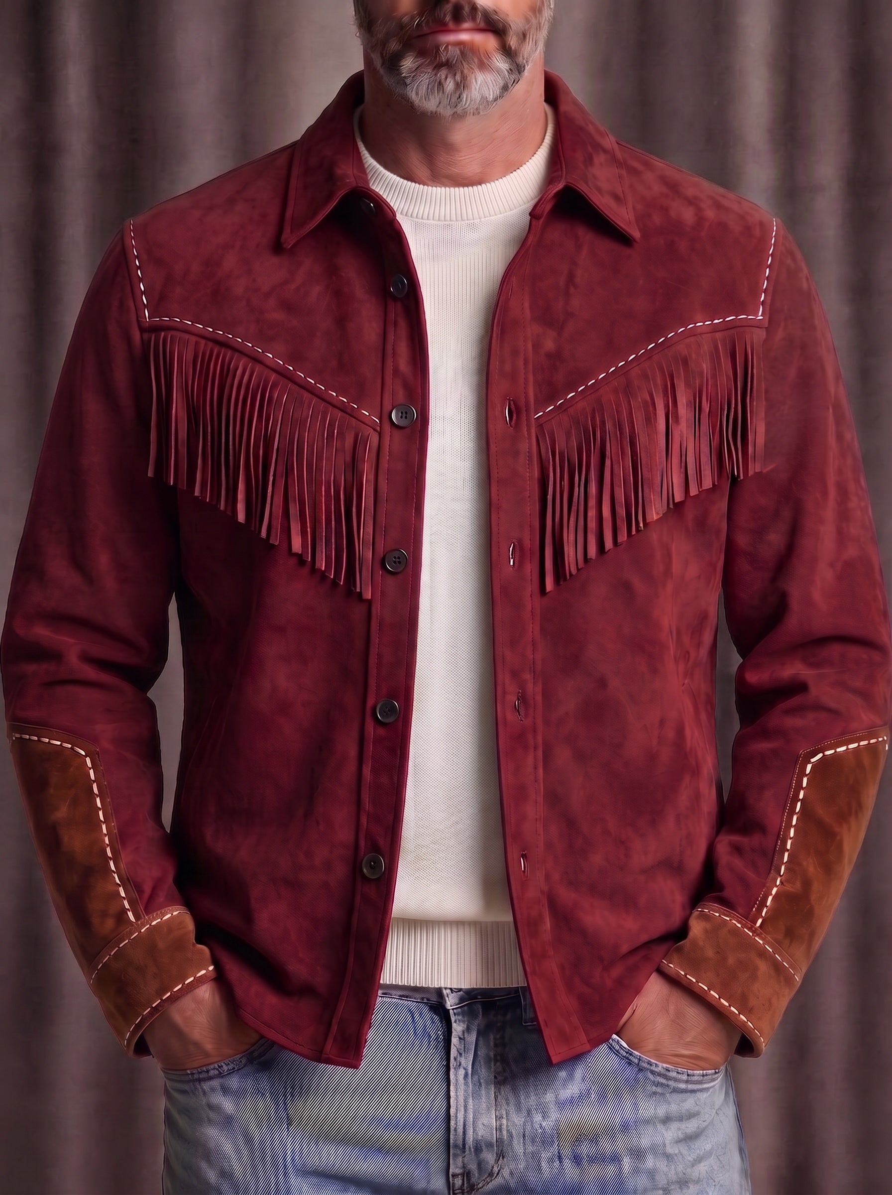 Western Suede-Look Color Block Button-Up Coat - Wine Red