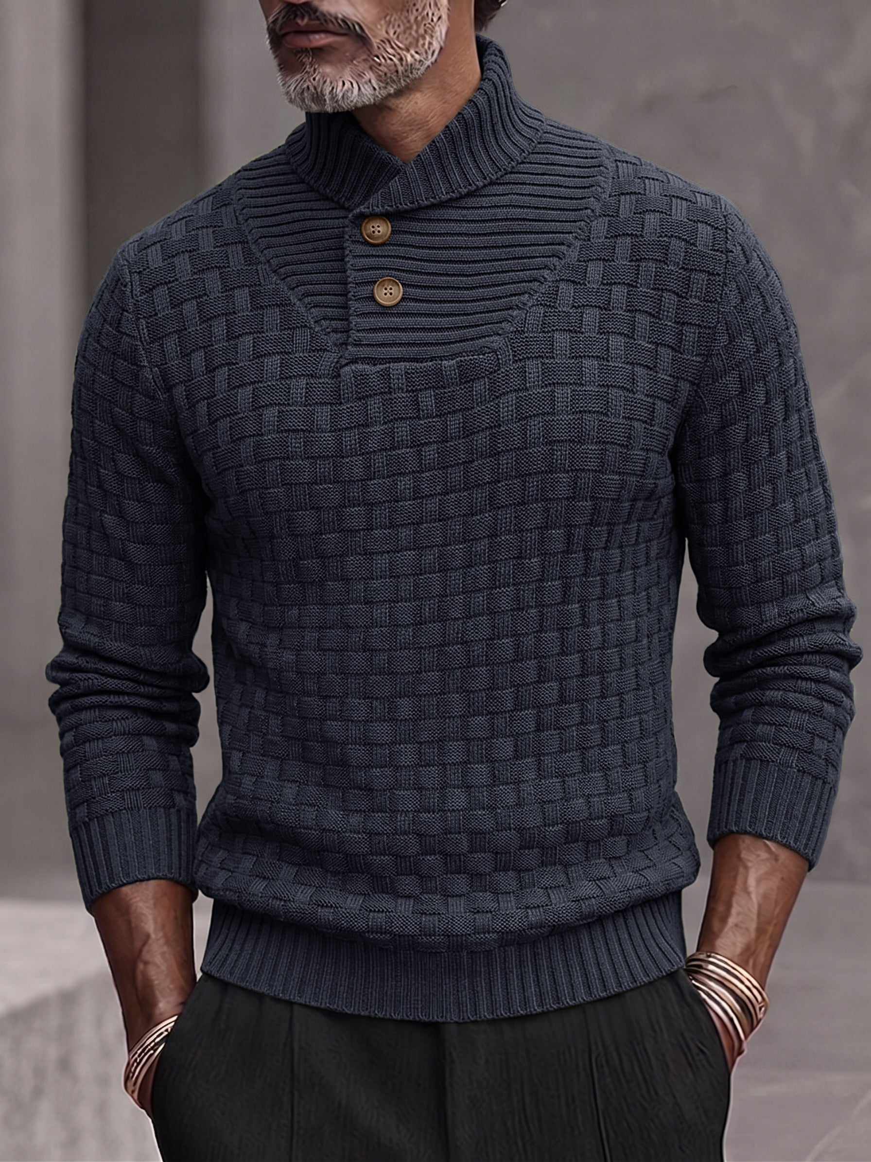 Men's Shawl Mock Neck Textured Knit Pullover Sweater - Black