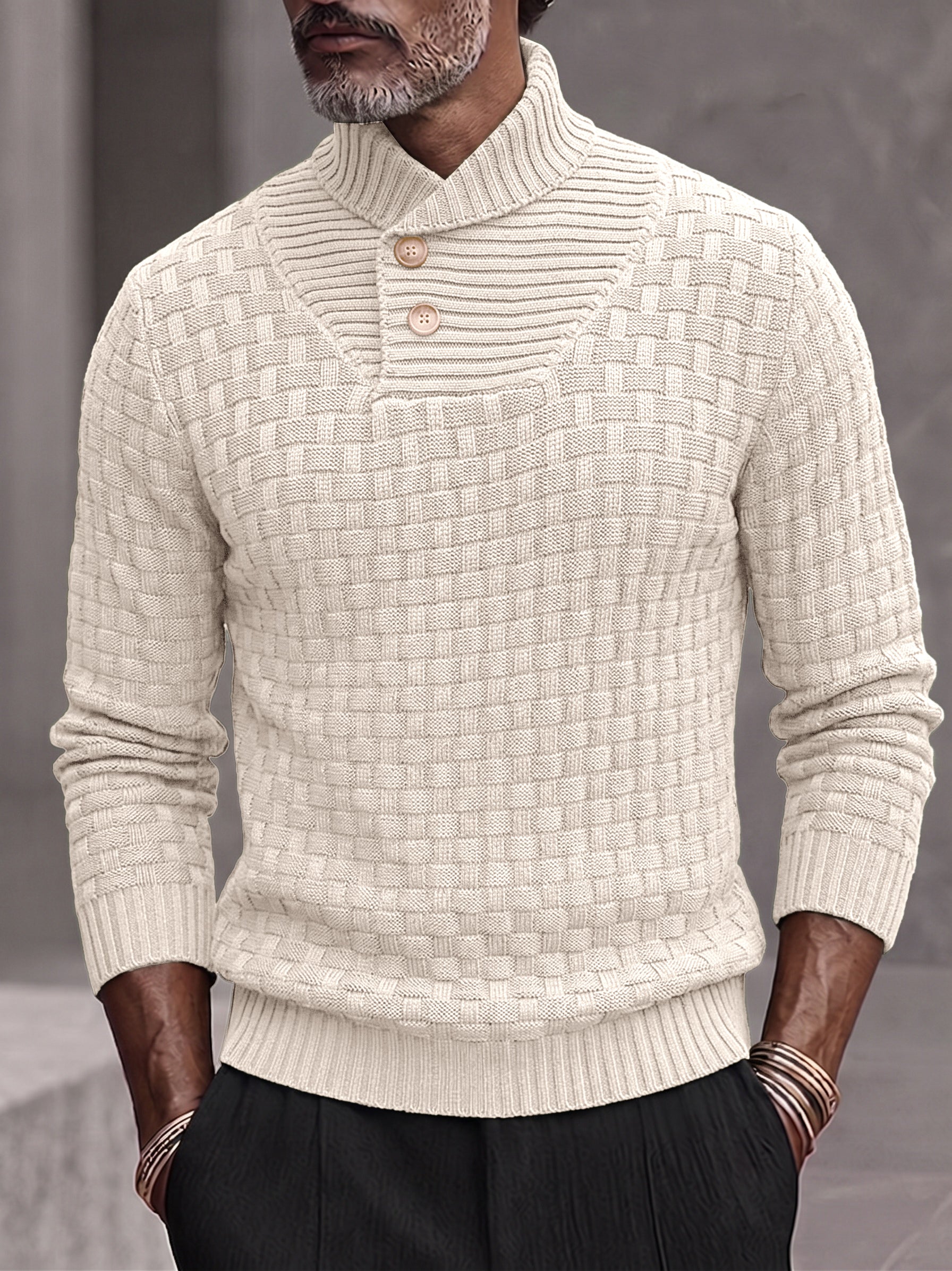 Men's Shawl Mock Neck Textured Knit Pullover Sweater - Apricot