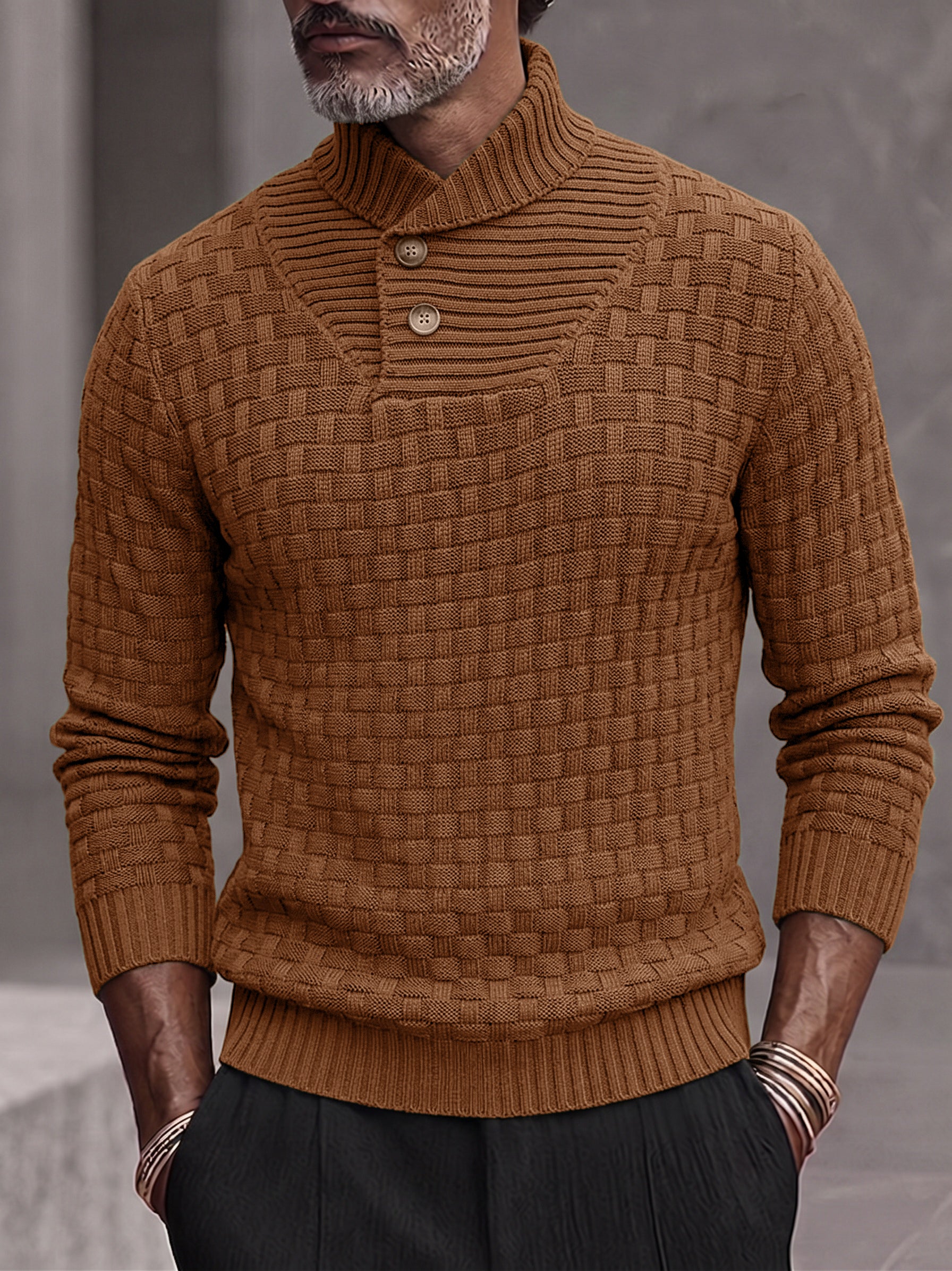 Men's Shawl Mock Neck Textured Knit Pullover Sweater - Brown