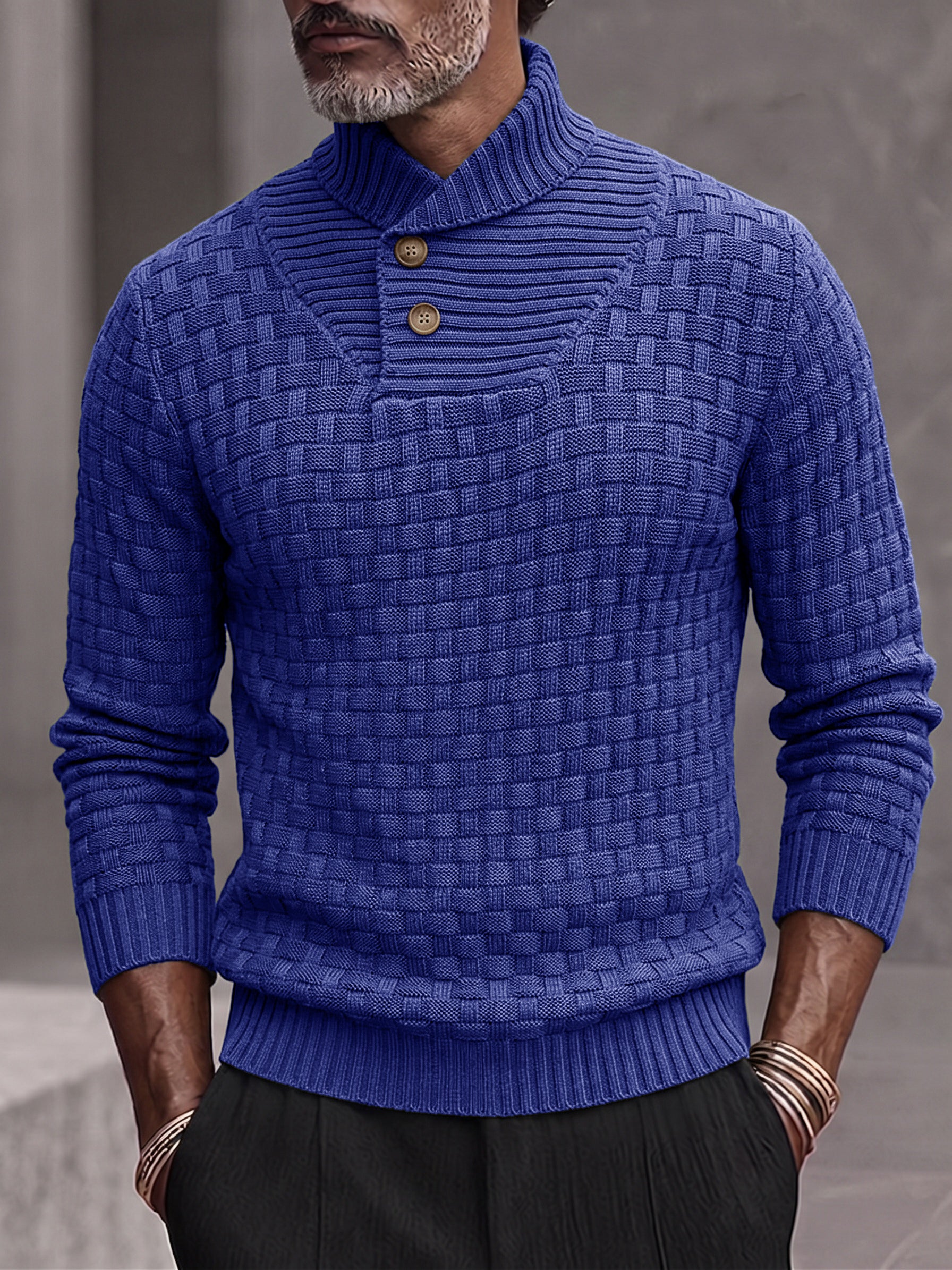 Men's Shawl Mock Neck Textured Knit Pullover Sweater - Deep Blue