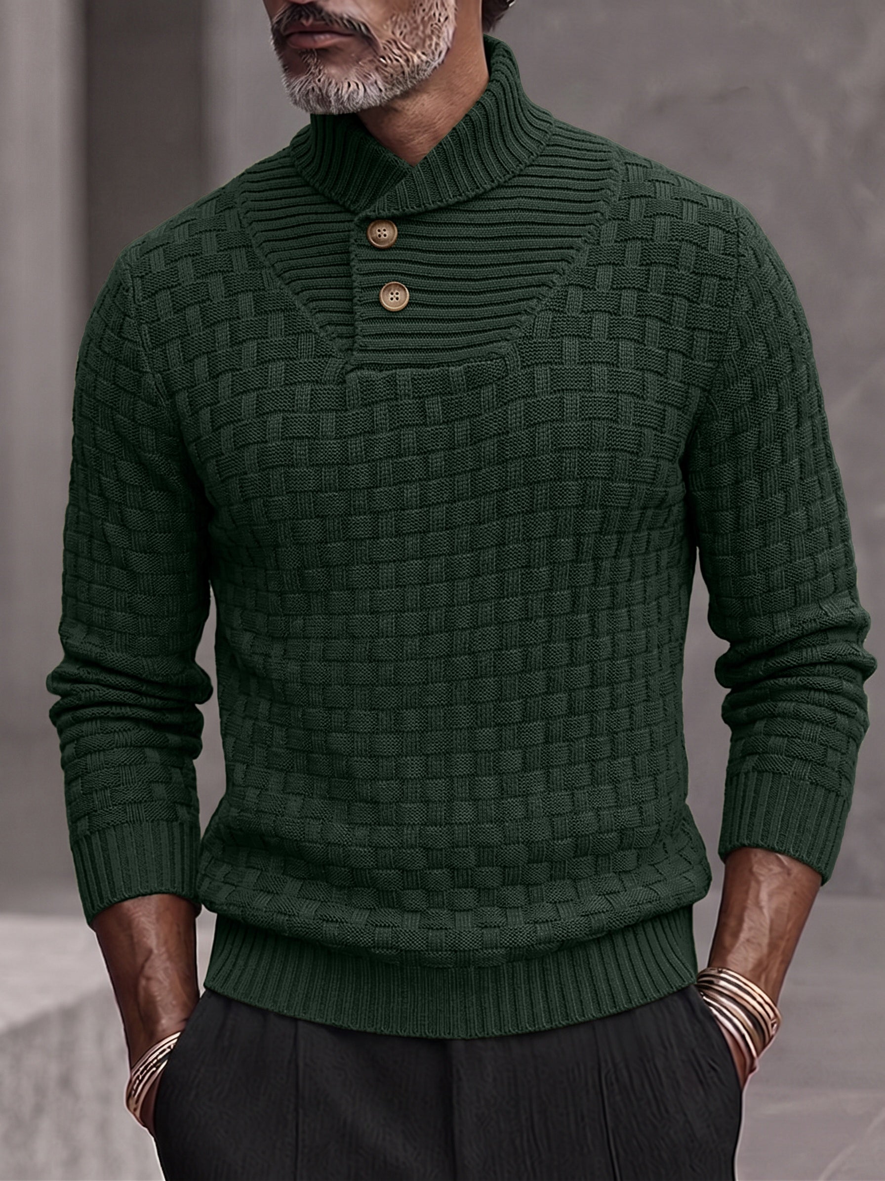 Men's Shawl Mock Neck Textured Knit Pullover Sweater - Dark Green