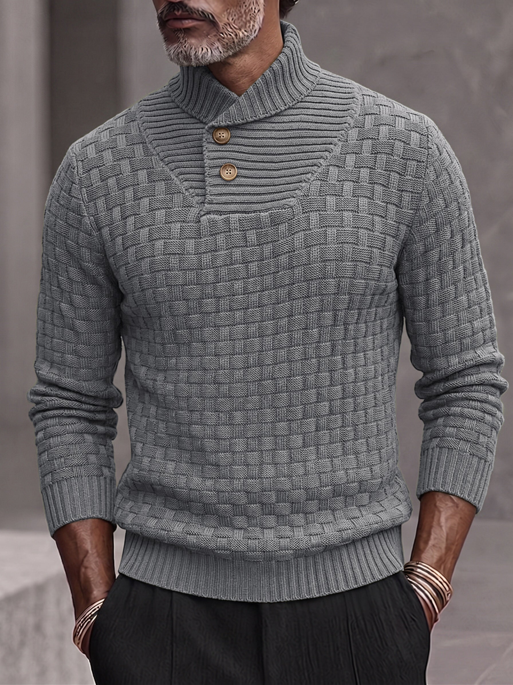 Men's Shawl Mock Neck Textured Knit Pullover Sweater - Gray
