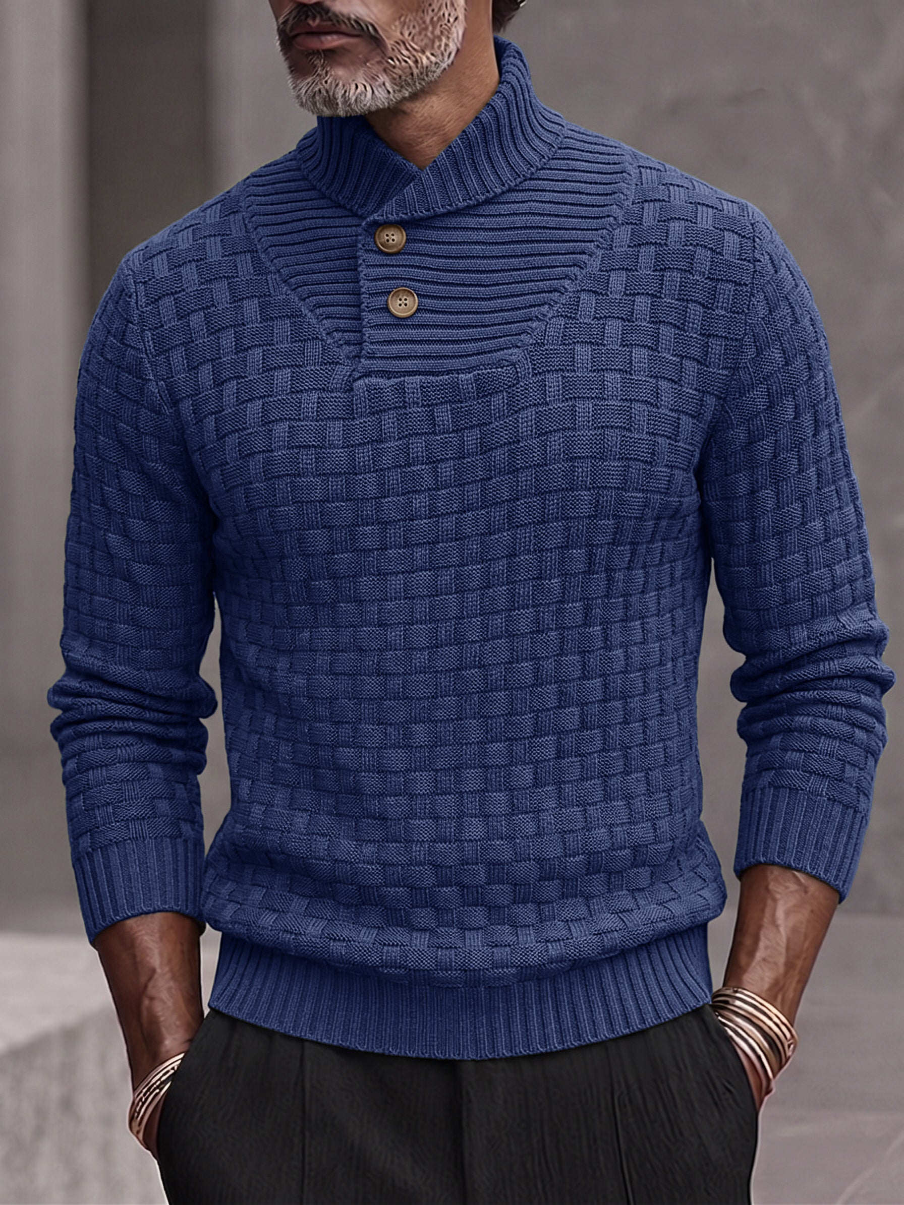 Men's Shawl Mock Neck Textured Knit Pullover Sweater - Navy Blue