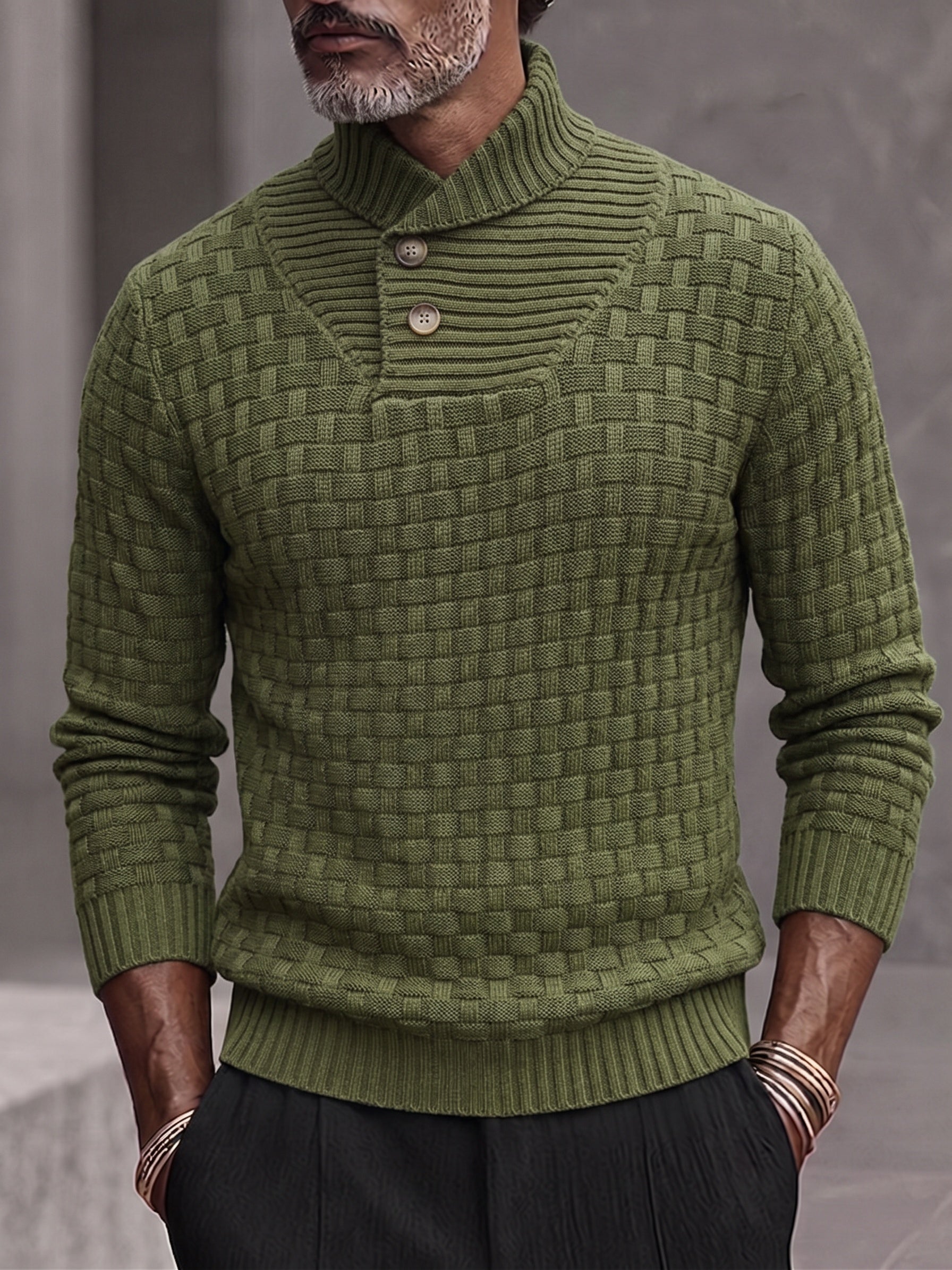 Men's Shawl Mock Neck Textured Knit Pullover Sweater - Olive Green