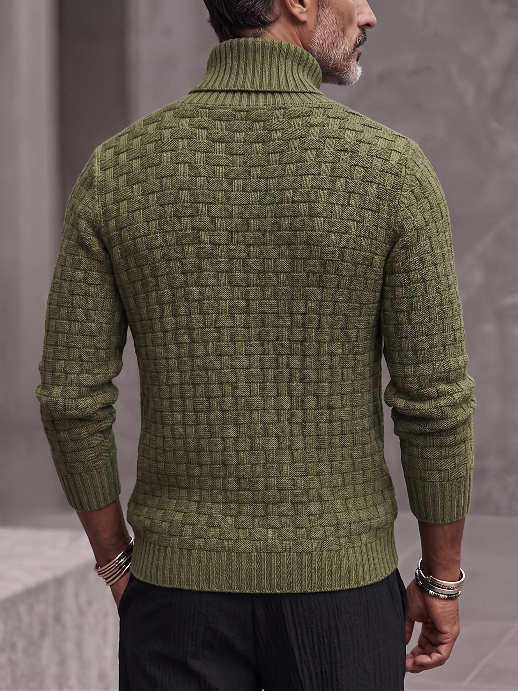 Men's Shawl Mock Neck Textured Knit Pullover Sweater - Olive Green