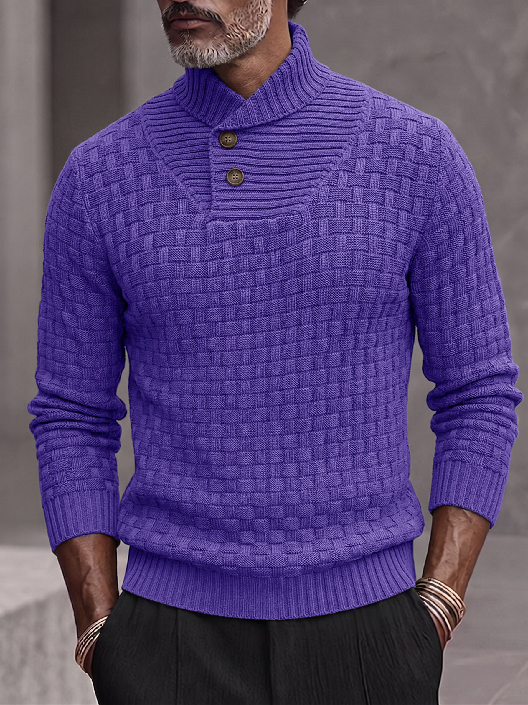 Men's Shawl Mock Neck Textured Knit Pullover Sweater - Purple