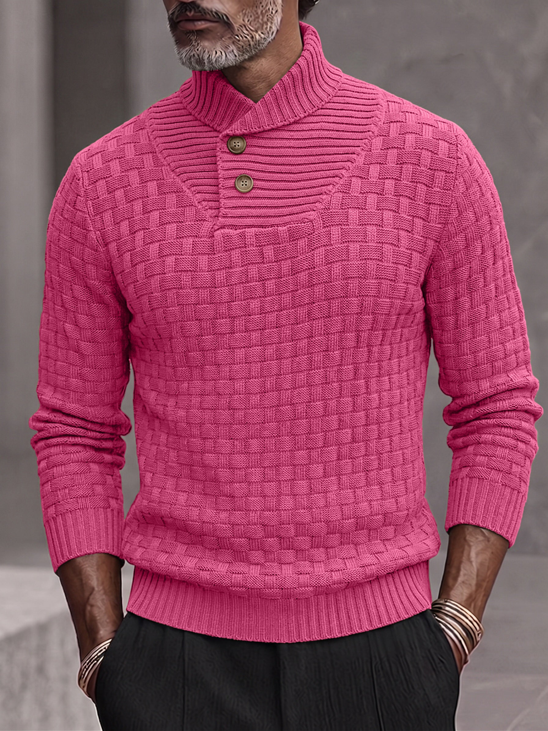 Men's Shawl Mock Neck Textured Knit Pullover Sweater - Rose Pink