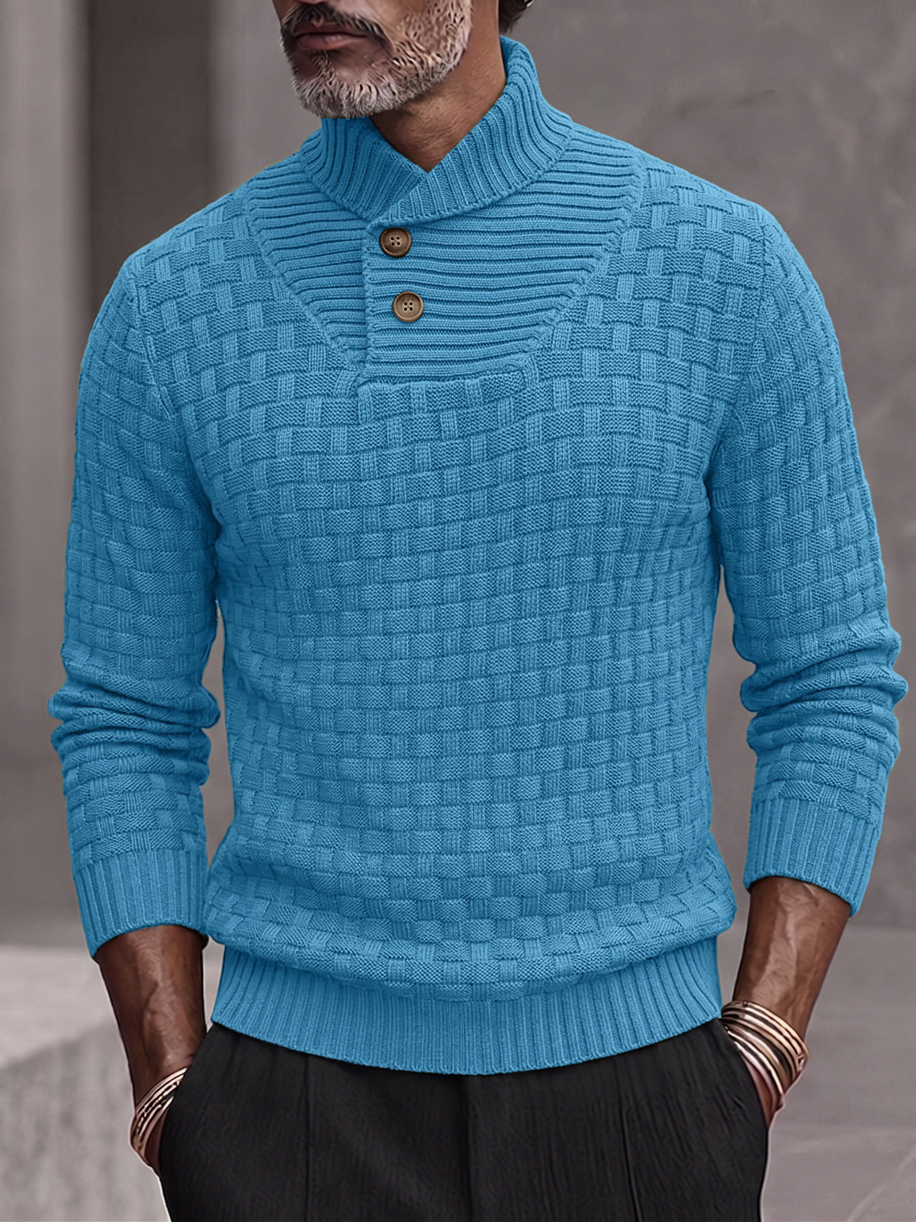 Men's Shawl Mock Neck Textured Knit Pullover Sweater - Sky Blue