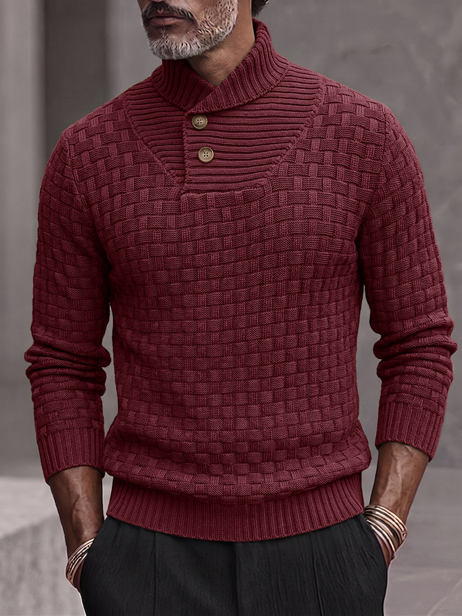 Men's Shawl Mock Neck Textured Knit Pullover Sweater - Deep Red