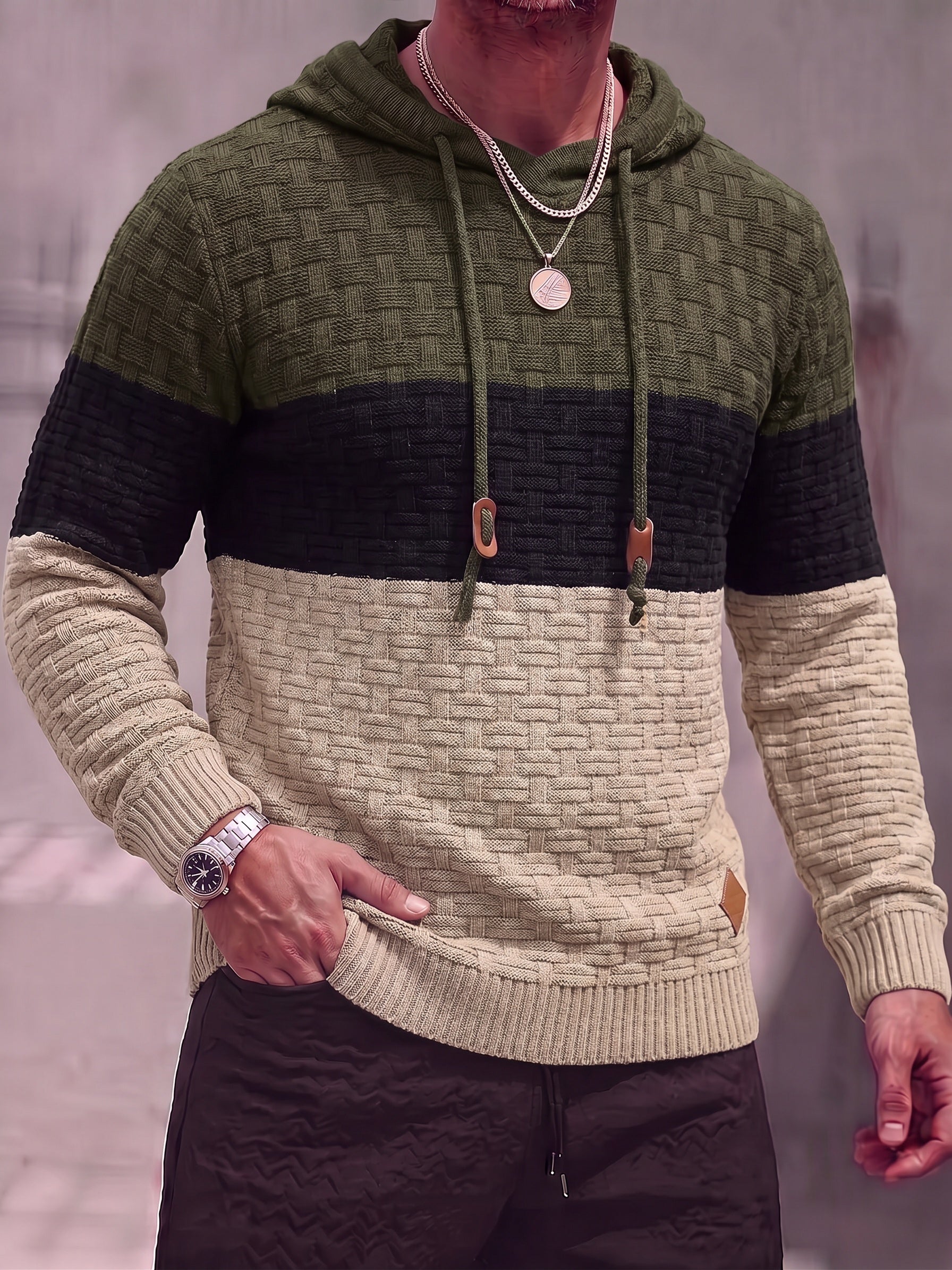 Color Block Textured Knit Hooded Pullover Sweater - PAT2