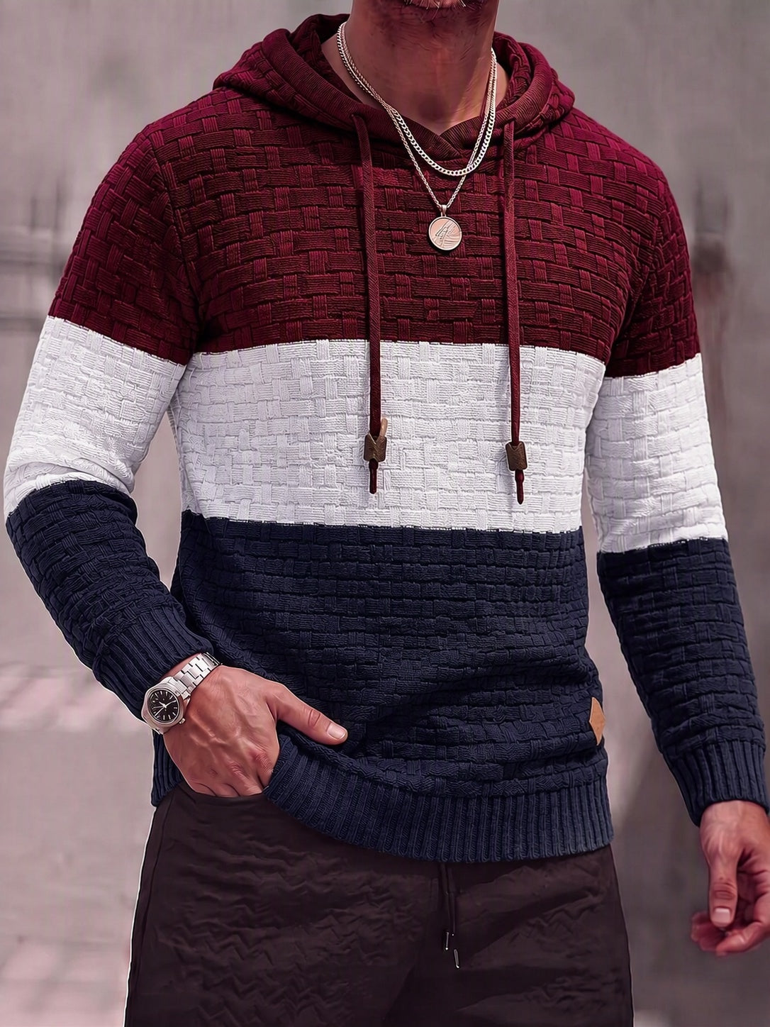 Color Block Textured Knit Hooded Pullover Sweater - PAT3