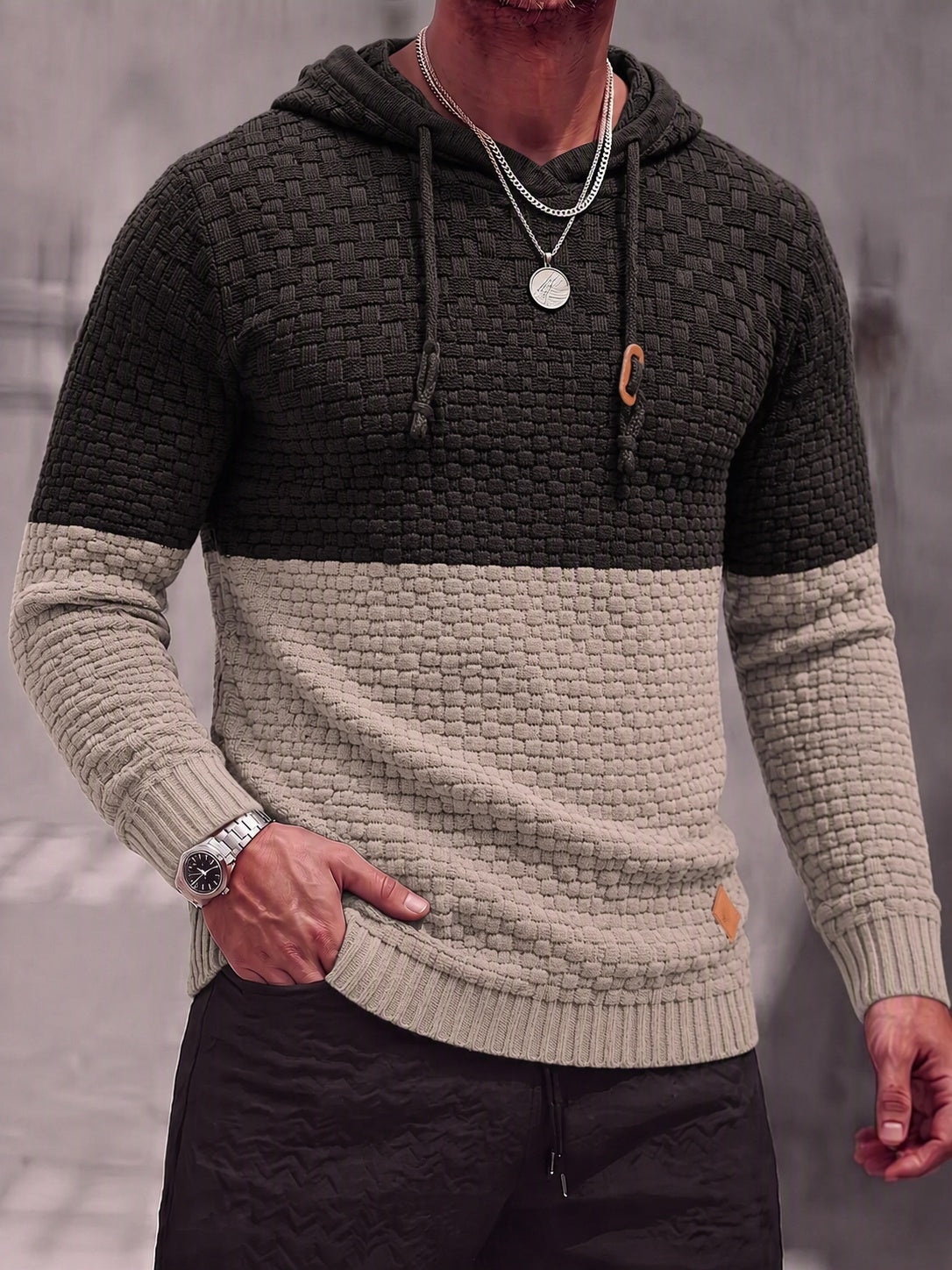 Color Block Textured Knit Hooded Pullover Sweater - PAT7