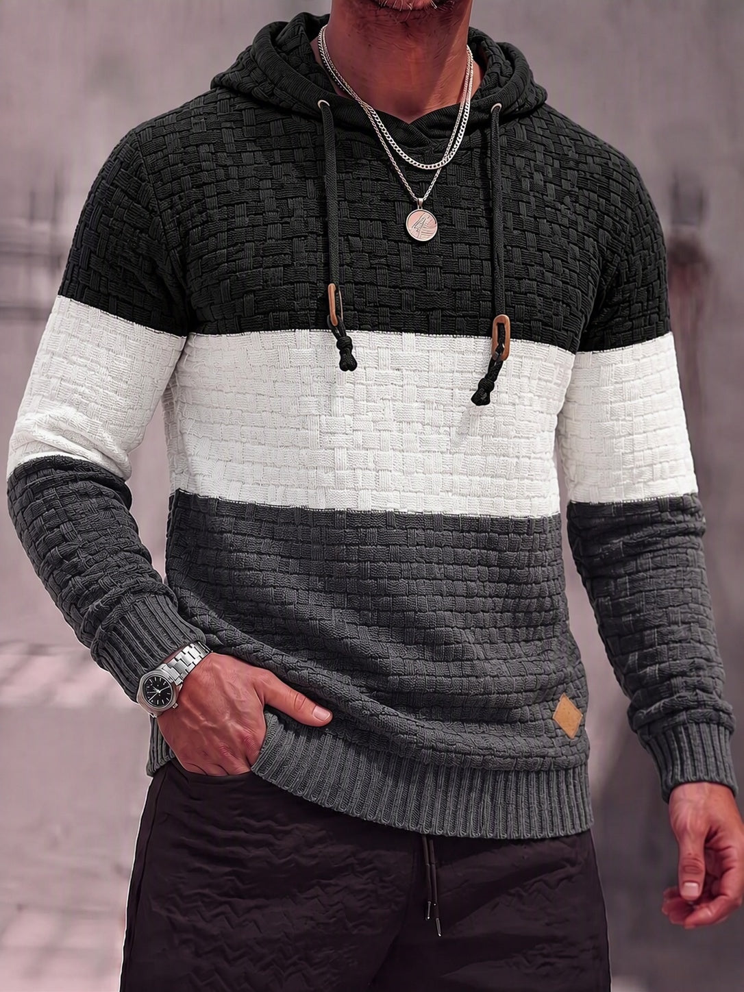 Color Block Textured Knit Hooded Pullover Sweater - PAT6