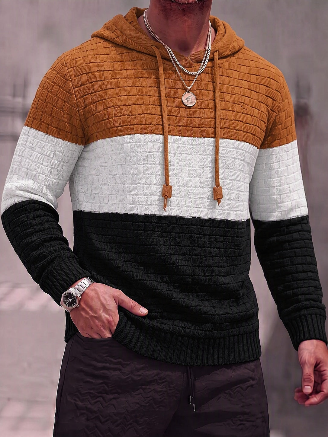 Color Block Textured Knit Hooded Pullover Sweater - PAT4