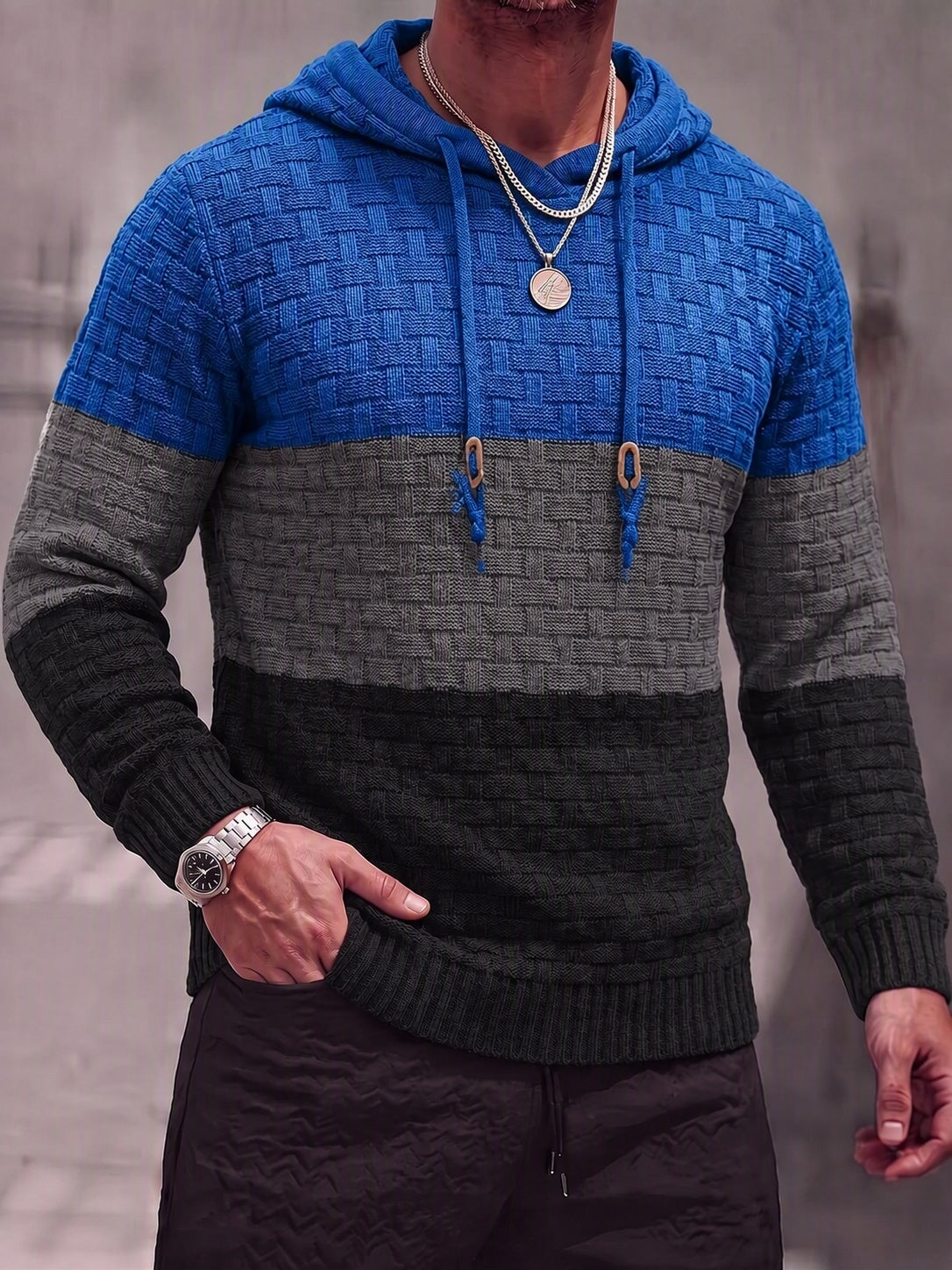Color Block Textured Knit Hooded Pullover Sweater - PAT5