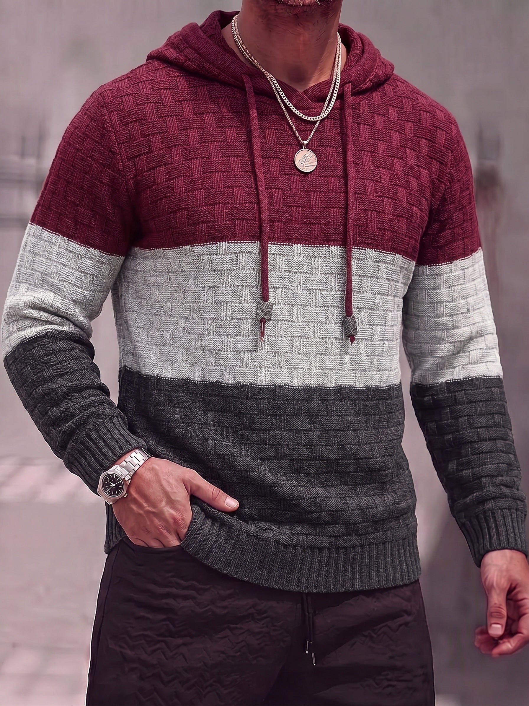 Color Block Textured Knit Hooded Pullover Sweater - PAT1