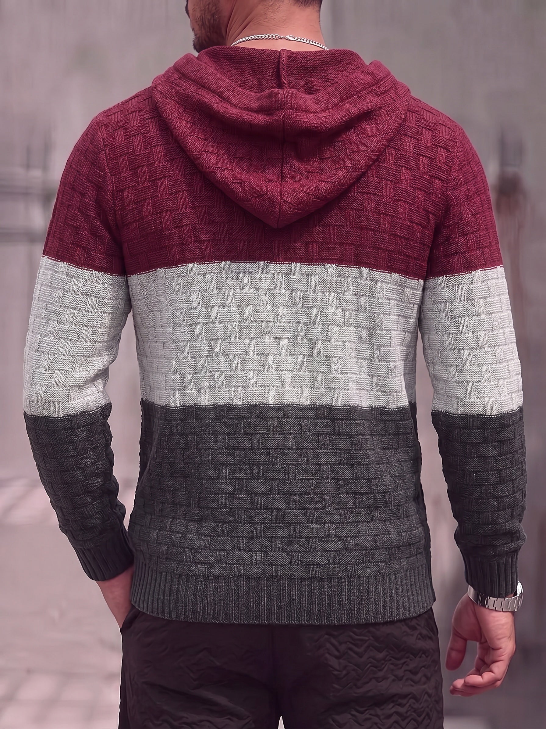 Color Block Textured Knit Hooded Pullover Sweater - PAT1