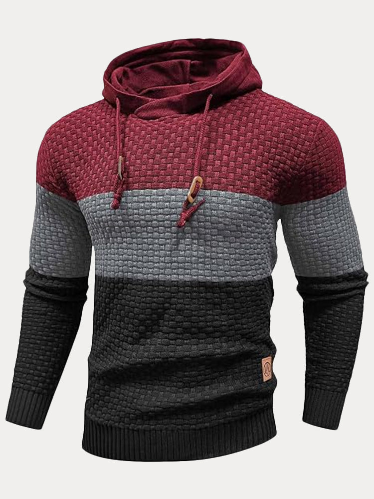 Color Block Textured Knit Hooded Pullover Sweater - PAT1