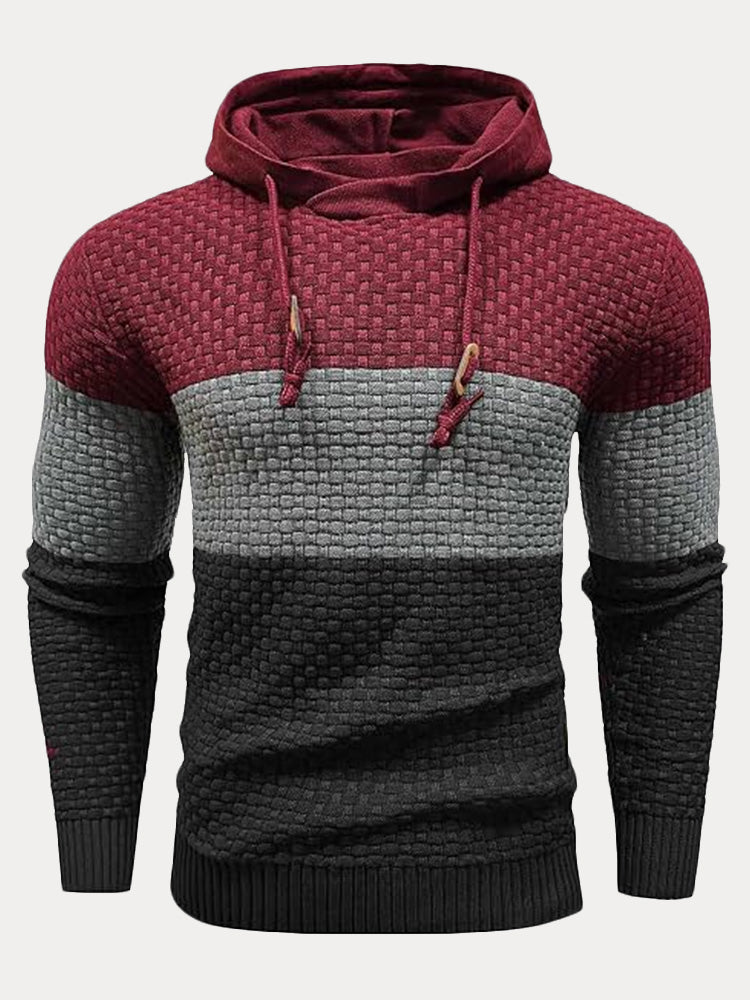 Color Block Textured Knit Hooded Pullover Sweater - PAT1