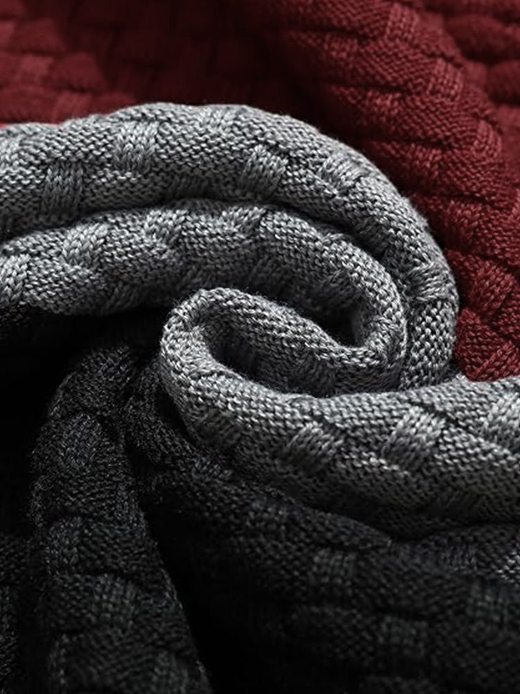 Color Block Textured Knit Hooded Pullover Sweater - PAT1