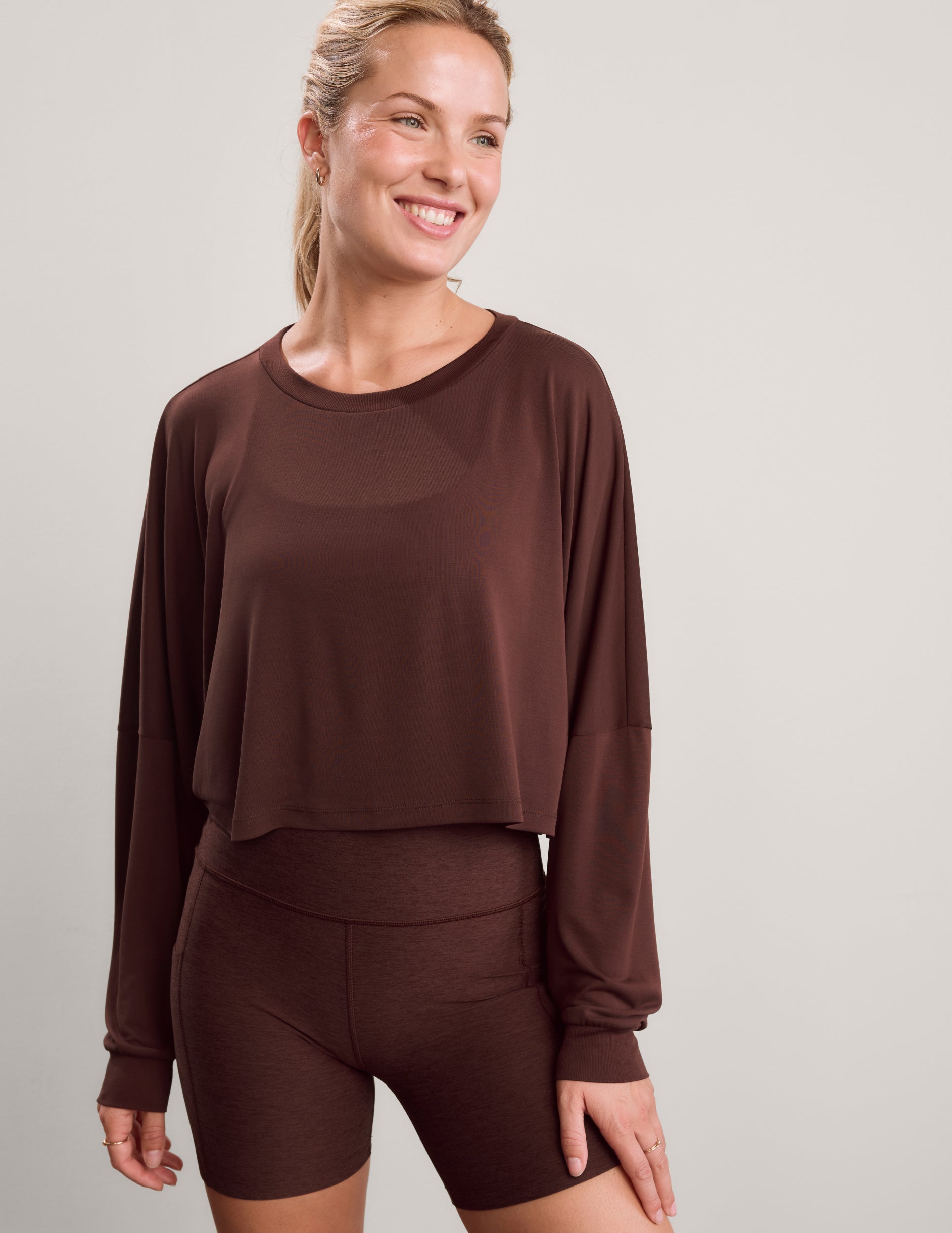 Studio Luxe Cropped Long Sleeve Tee - Iced Mocha