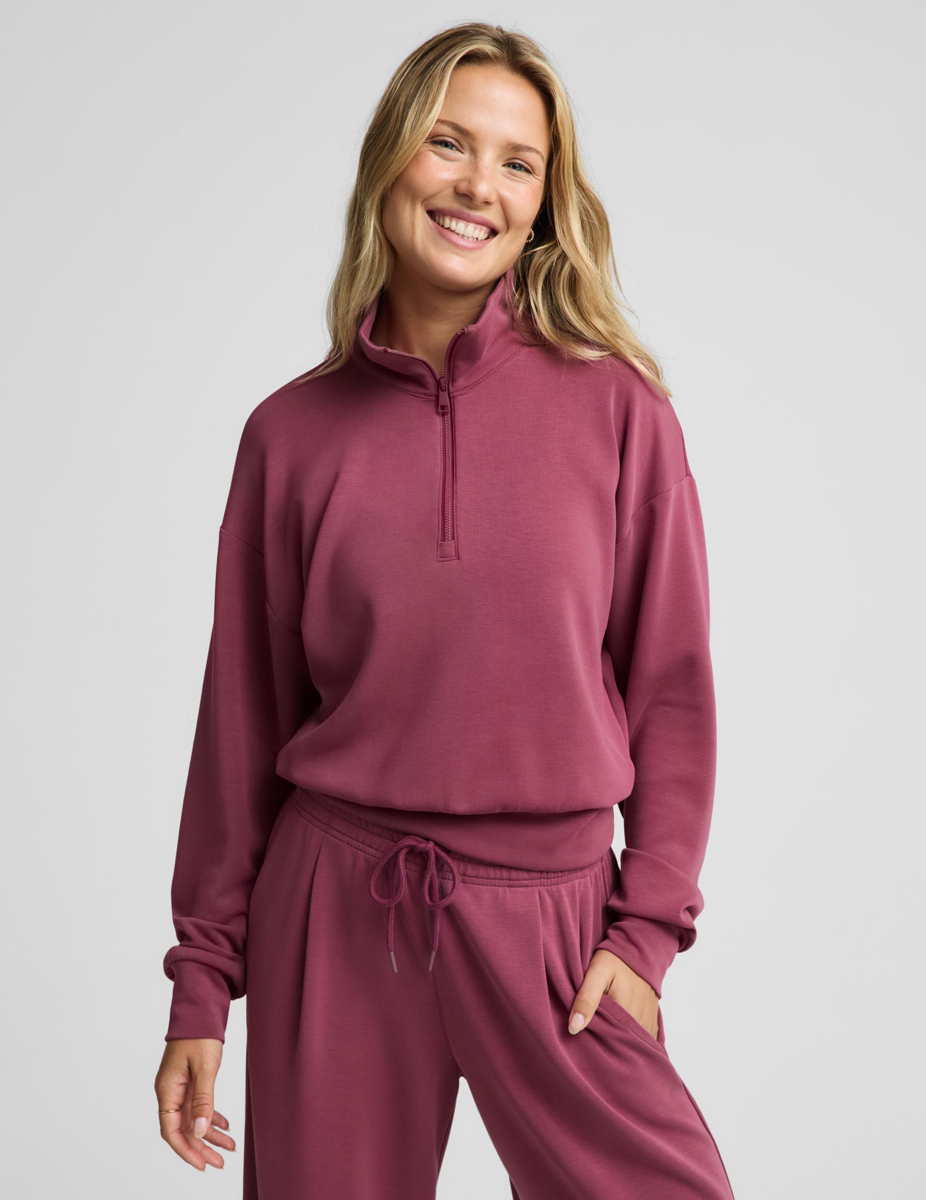 Luxe Sandwash Half Zip Pullover - Muted Mauve