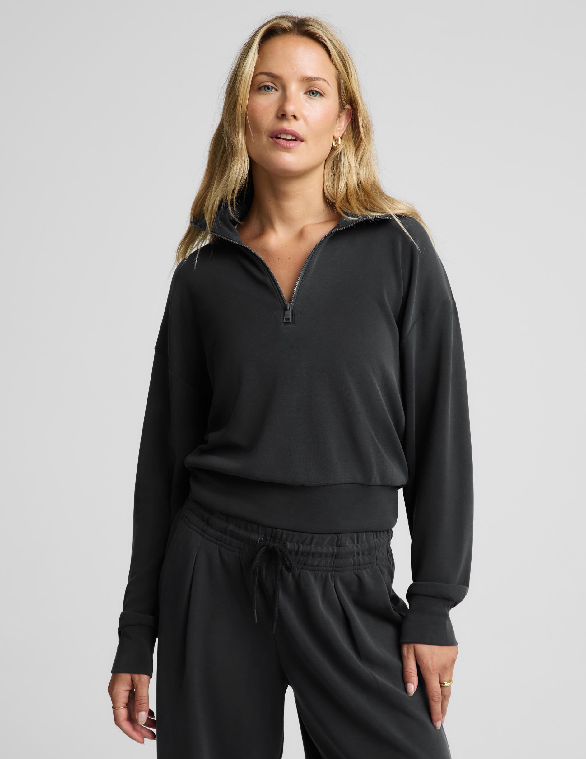 Luxe Sandwash Half Zip Pullover - Dark Charcoal