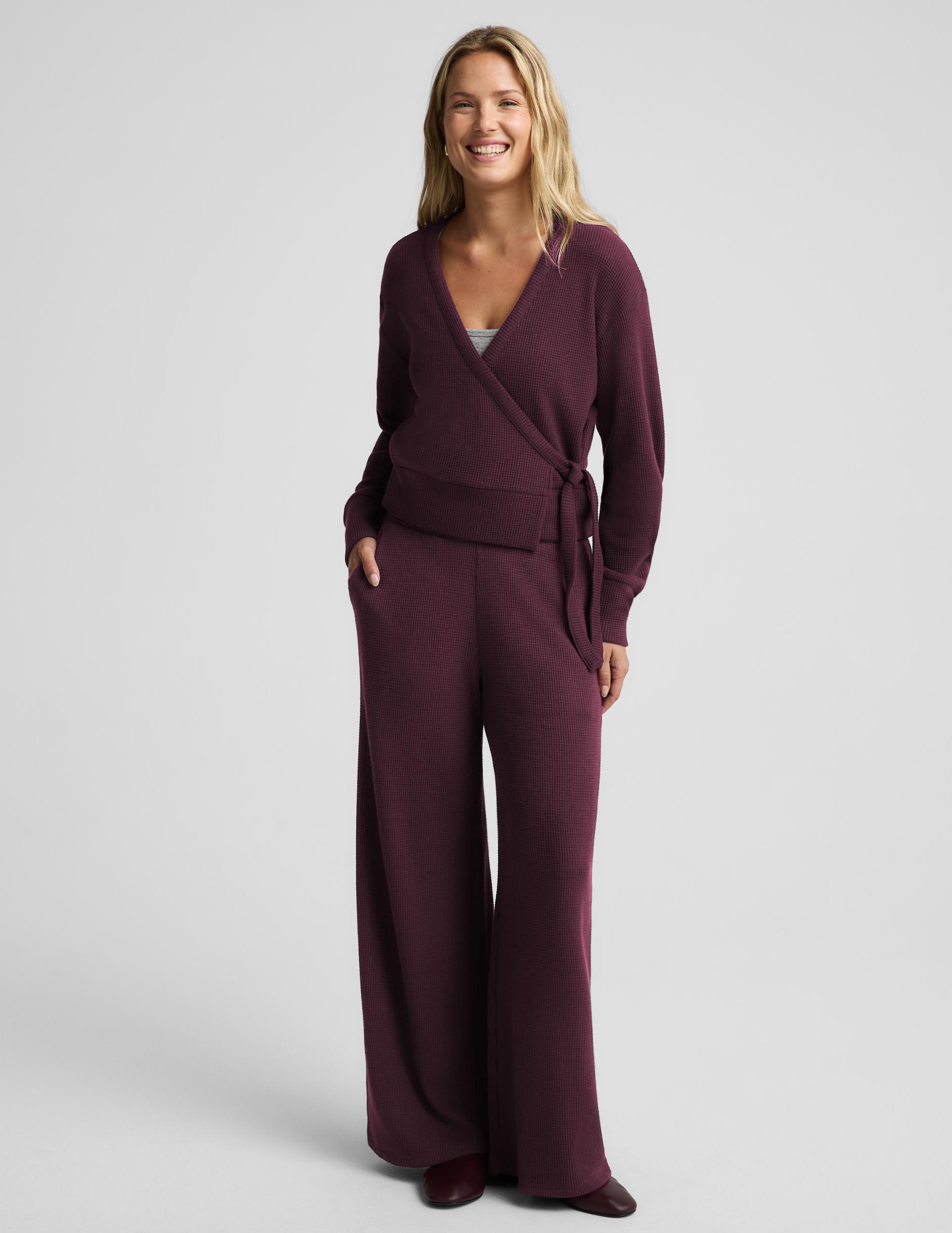 Rest Day Waffle Wrap Pullover - Cabernet