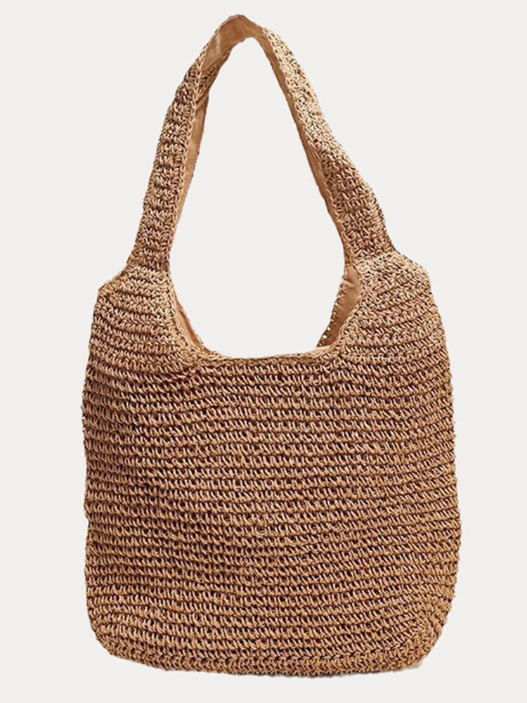 Minimalist Beach Large Woven Straw Shoulder Bag - Khaki