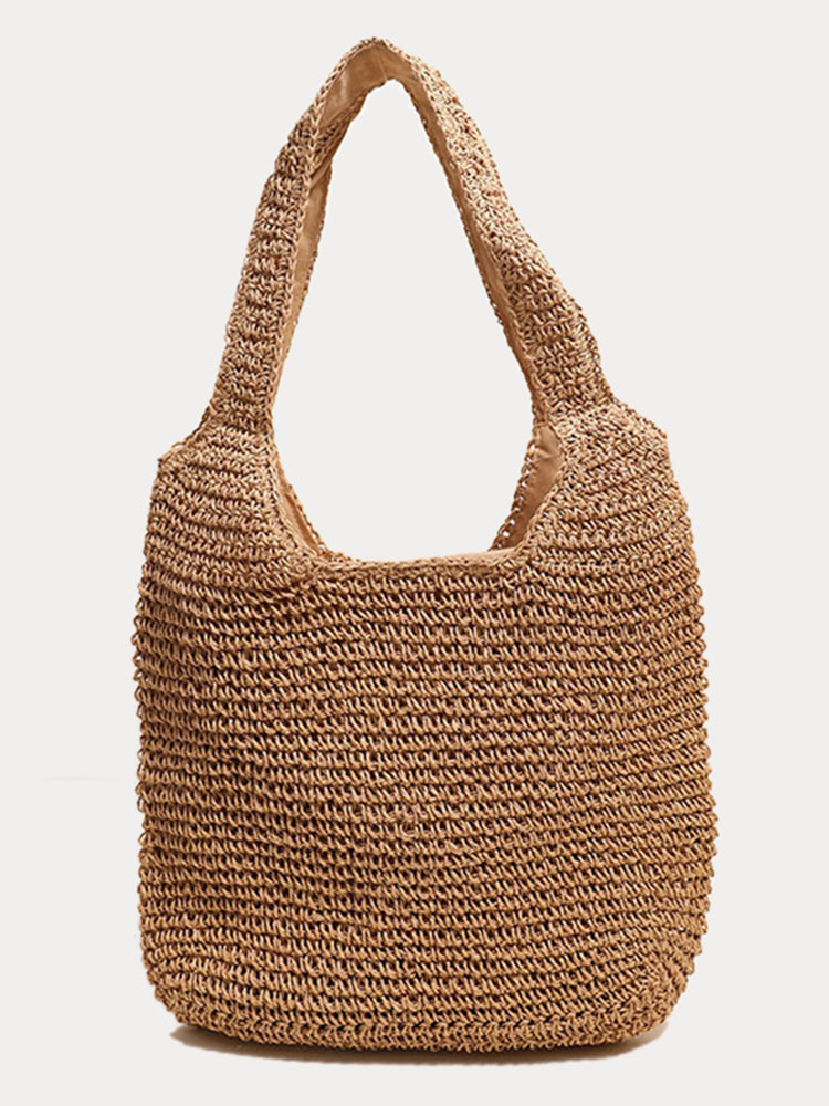 Minimalist Beach Large Woven Straw Shoulder Bag - Khaki