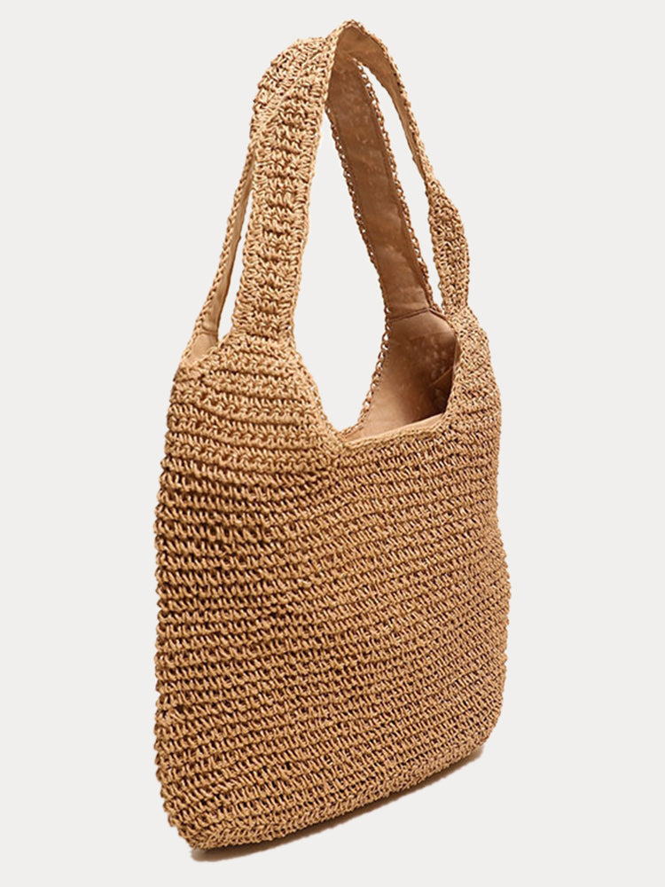 Minimalist Beach Large Woven Straw Shoulder Bag - Khaki