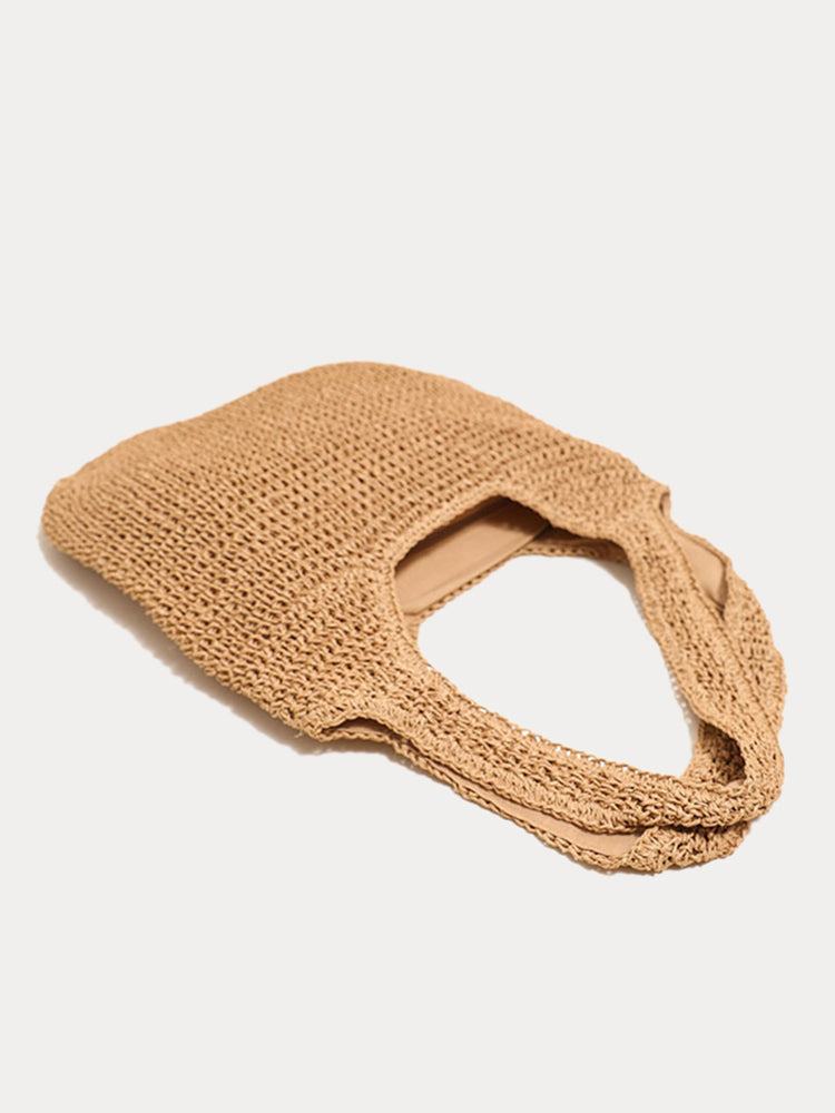 Minimalist Beach Large Woven Straw Shoulder Bag - Khaki