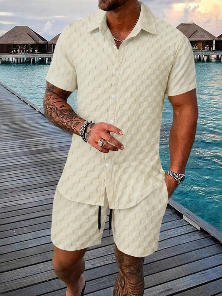 Men's Bubble Jacquard 2-Piece Shirt & Shorts Set - Beige