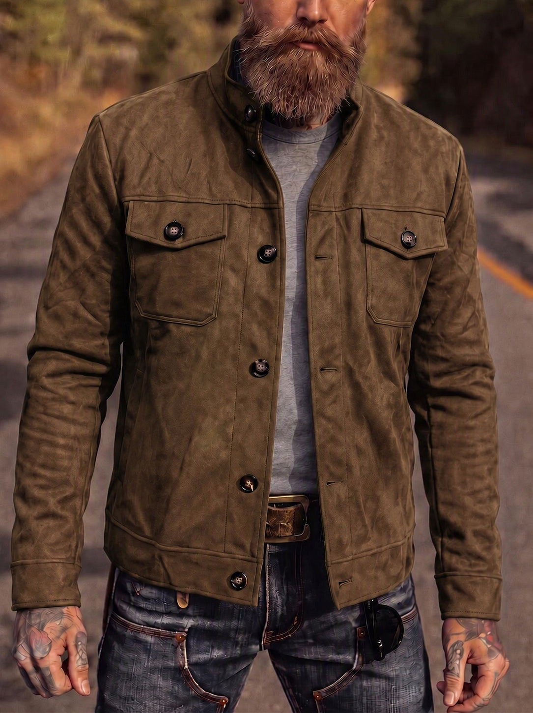 Retro Faux Suede Workwear Jacket - Brown