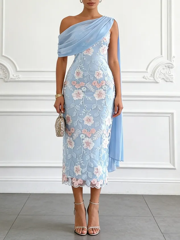 Light Blue Embroidery Lace Strapless Sleeveless Sheath Midi Dress