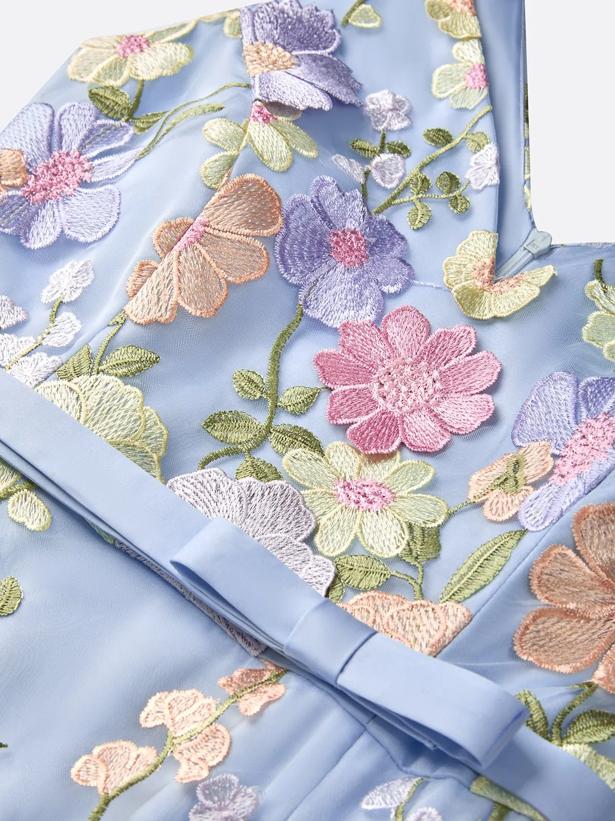 Light Blue Floral Appliqué Embroidered Classic V Neck Sleeveless A-Line Floor-length Gown Dress