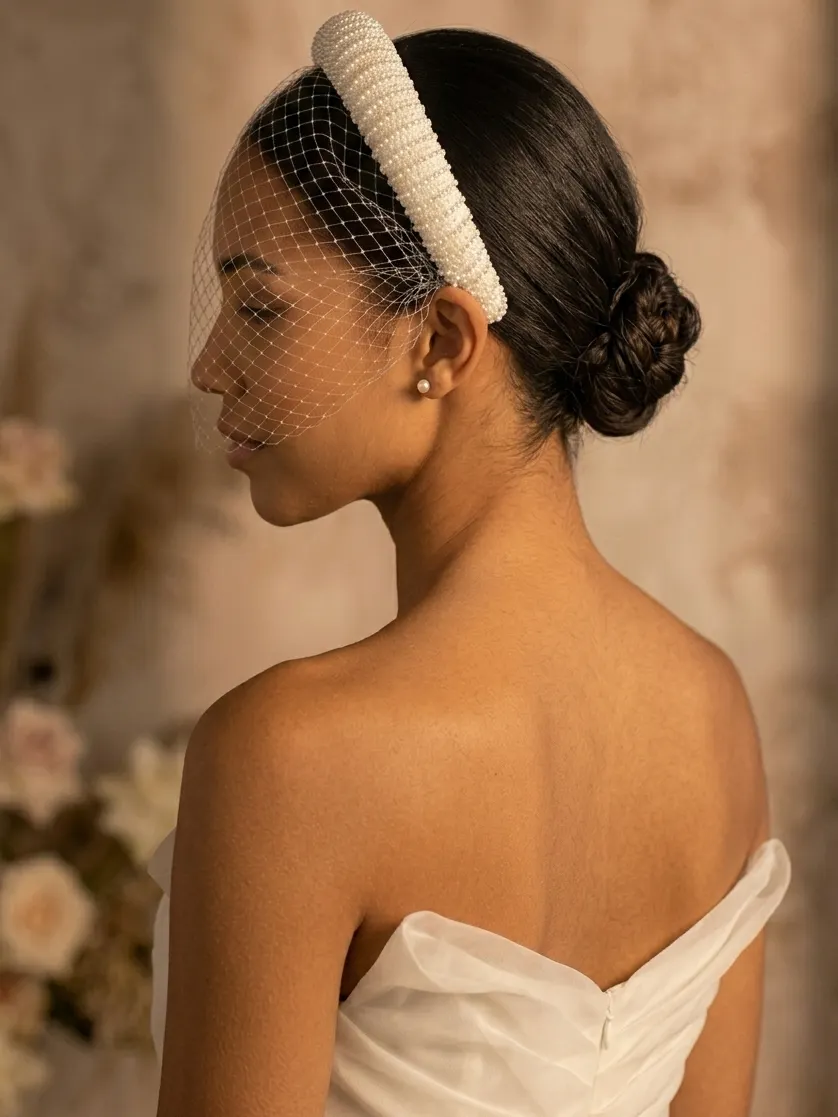French Hepburn Style Handmade Bridal Veil, White Vintage Beaded Mesh Headband Wedding Face-covering Hair Accessory Headband (Mesh Length 22cm)