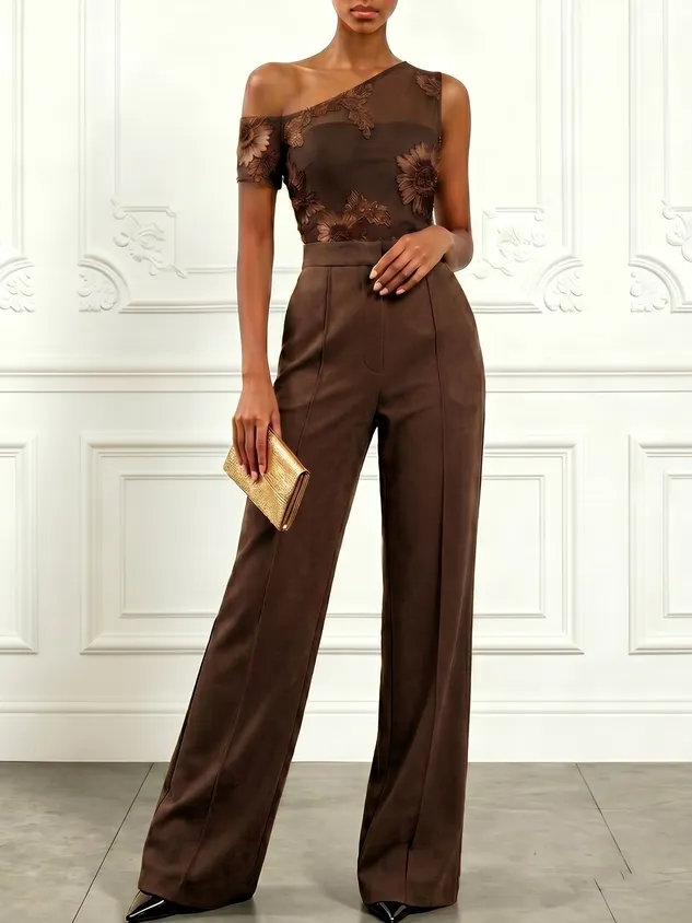 Women Coffee Brown 3D Floral Off The Shoulder Short Sleeve Elegant Jumpsuit