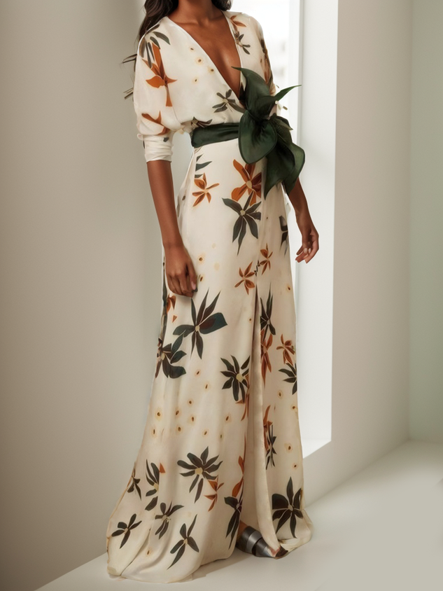 White Floral V Neck Long Sleeve A-Line Maxi Dress