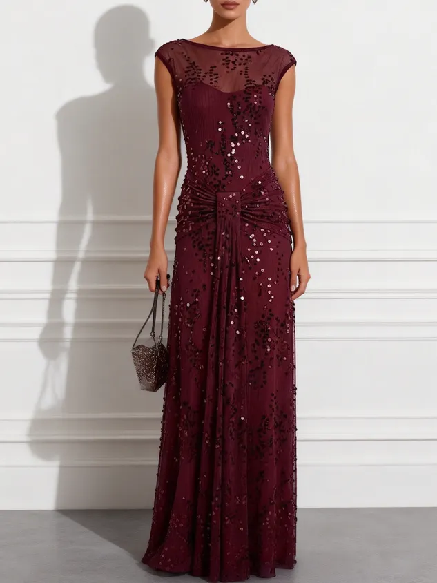 Burgundy Glitter Sequin Square Neck Cap Sleeve Sheath Gown Dress