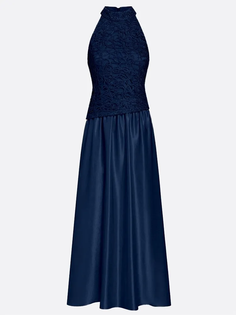 Navy Blue Lace Satin Crew Neck Sleeveless A-Line Maxi Dress