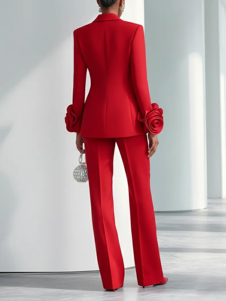 Women Red 3D Floral Lapel Collar Long Sleeve Dressy Blazer With Pants Two-Piece Set