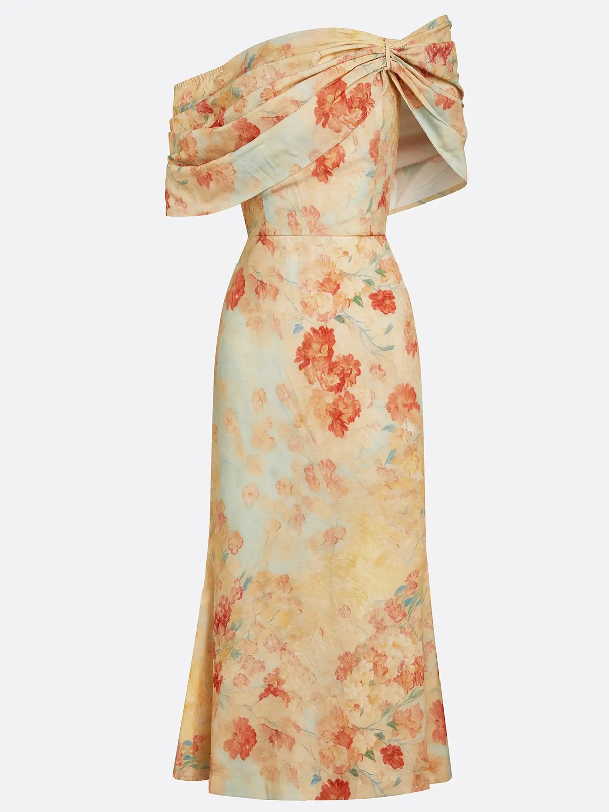Elegant Floral Off-the-Shoulder Midi Mother of the Bride Dress