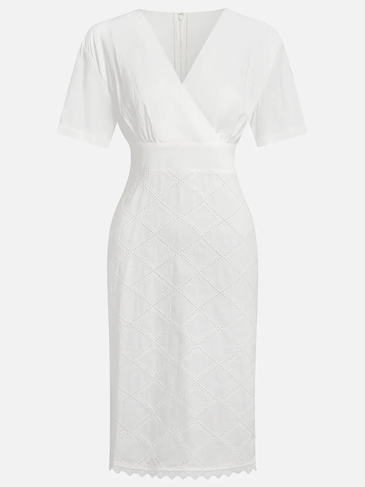 White Rayon Hollow Out Plaid Classic V Neck Short Sleeve Sheath Midi Dress