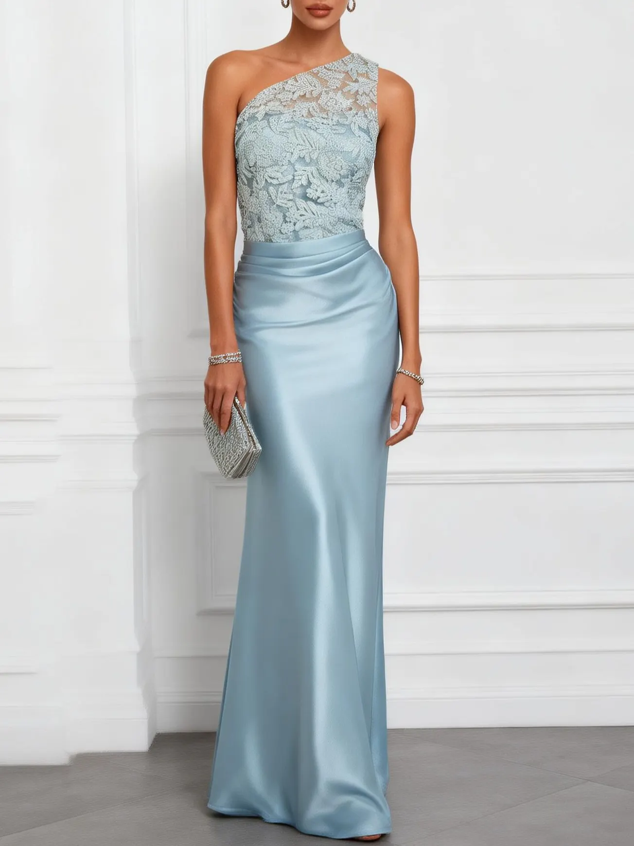 Light Blue Lace Embroidery Ruched Satin One Shoulder Sleeveless Mermaid Floor-length Gown Dress - Light Blue