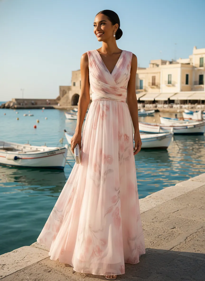 Light Pink Floral Ruched Chiffon V Neck Sleeveless A-Line Floor-length Gown Dress