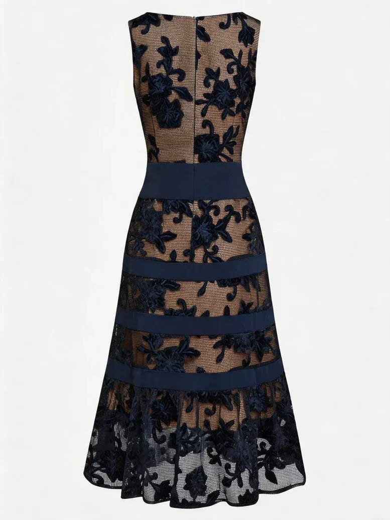 Purplish Blue Lace Jacquard Boat Neck Sleeveless A-Line Midi Dress