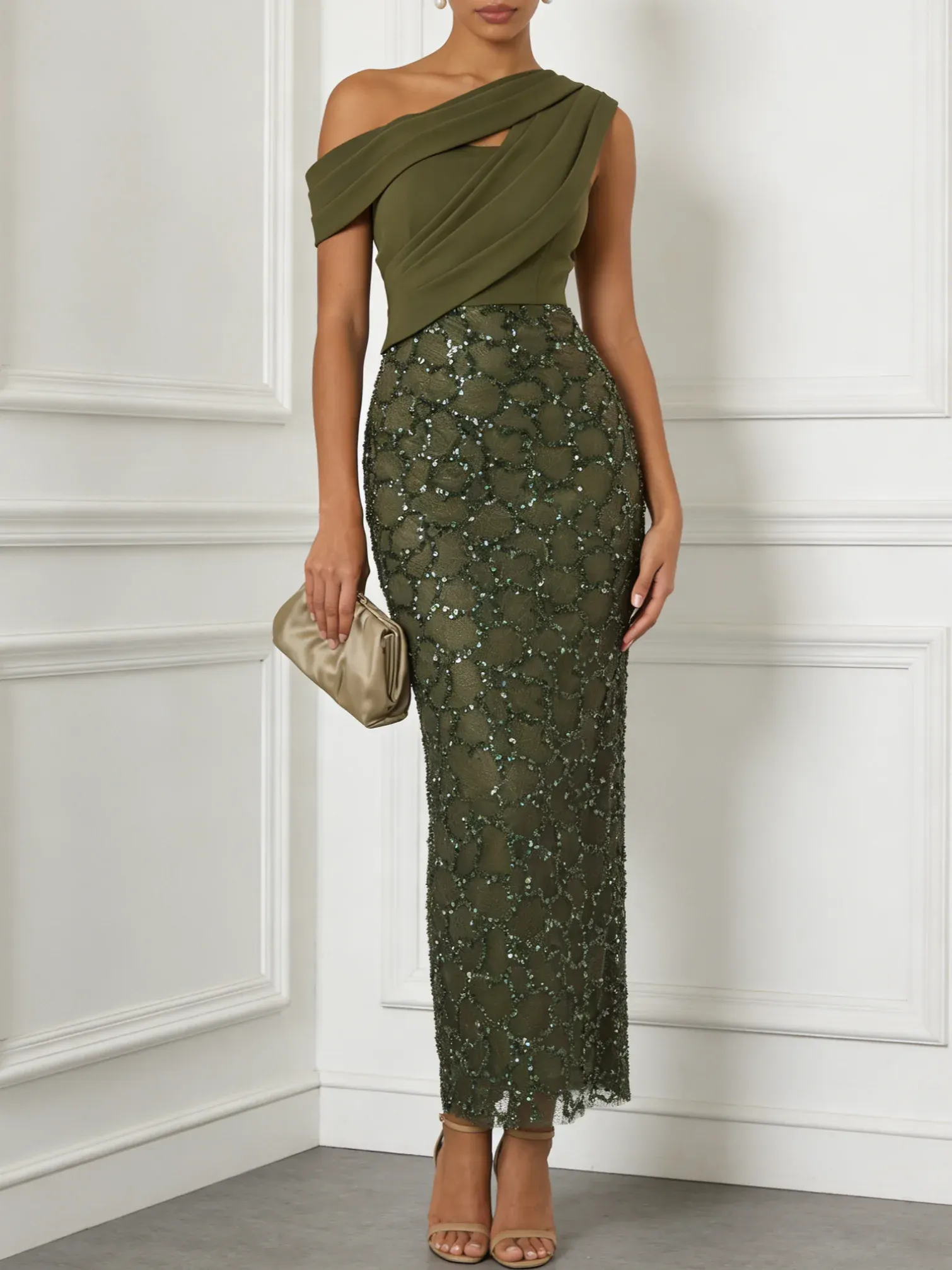 Olive Green Glitter Sequin Asymmetrical Sleeveless Sheath Maxi Dress - Olive Green