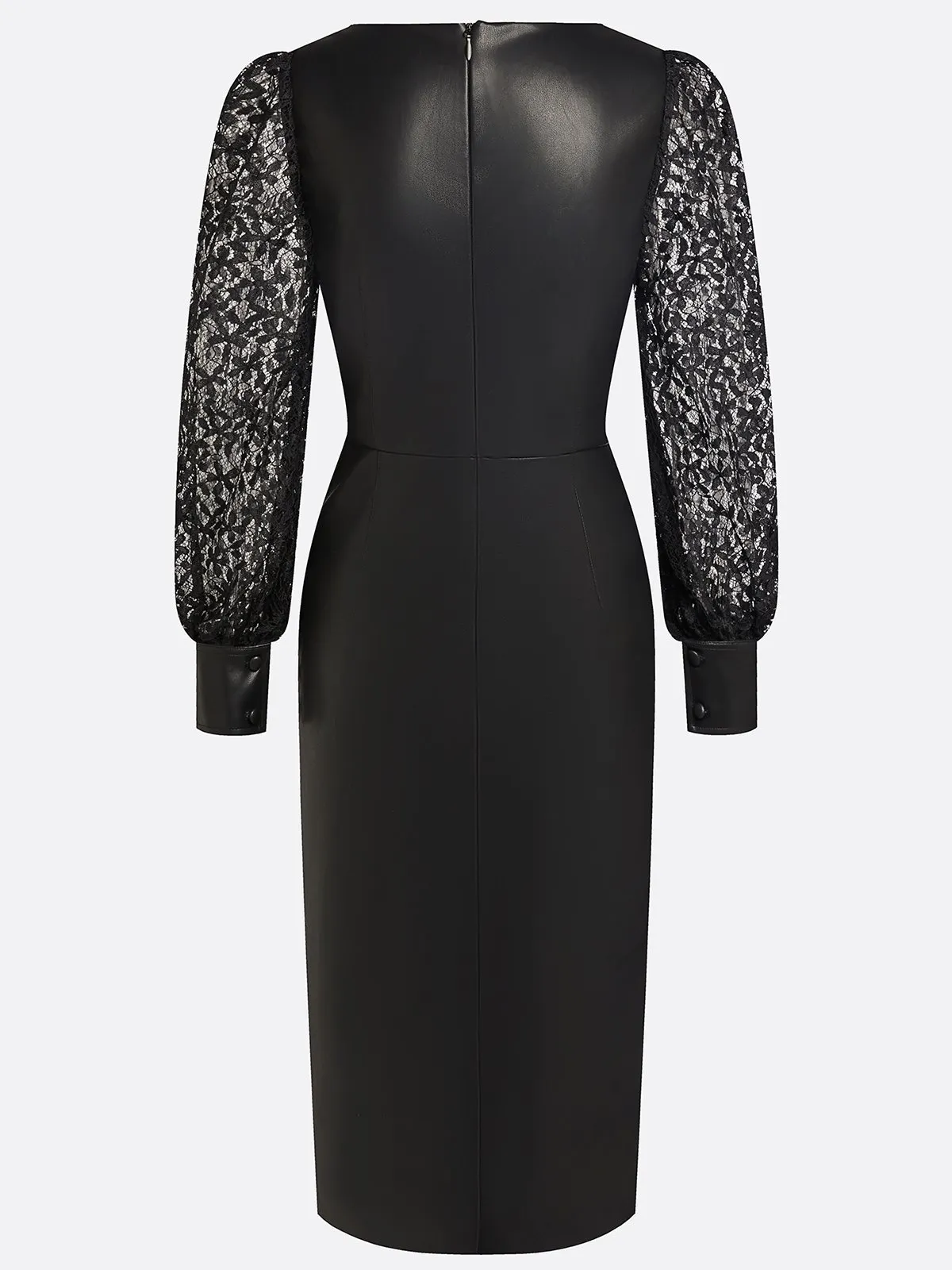 Black Lace Faux Leather Square Neck Long Sleeve Balloon Sleeve Sheath Midi Dress